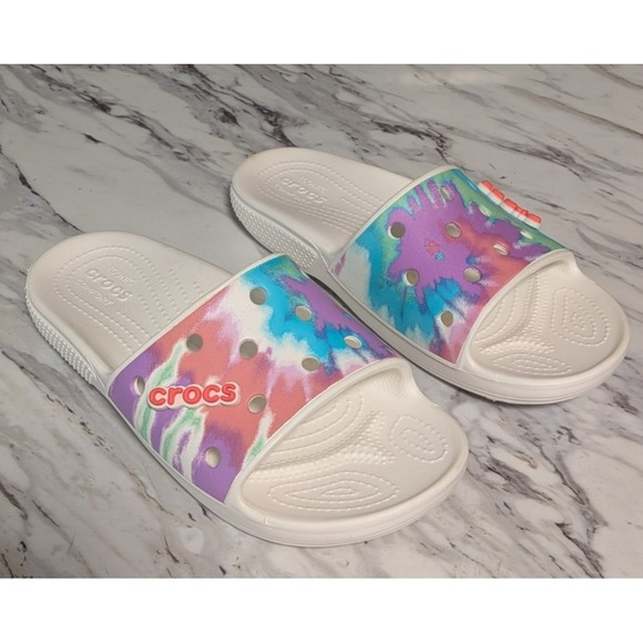 CROCS Shoes - Crocs Classic Slides Sandals White Tie Dye Crocs Charms Size Men's 7  Women's‎ 9